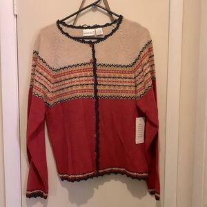 Fashion Bug Cotton Fair Isle Button-Front Cardigan Sweater - Red & Tan